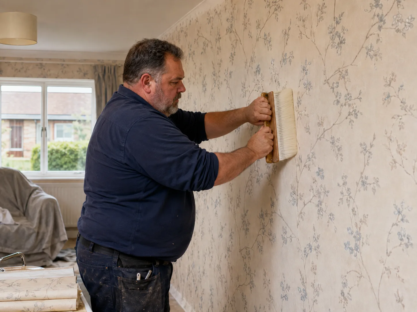 Freshly hung patterned wallpaper across a living room wall