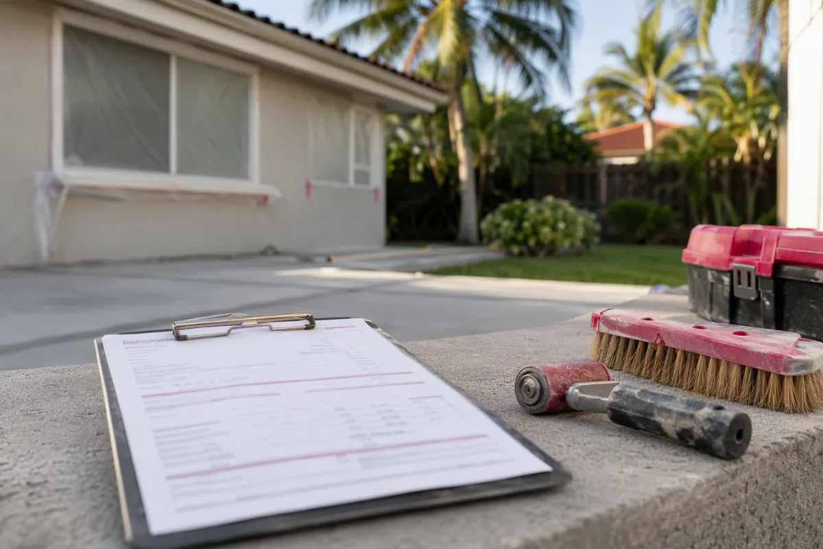 A clipboard with an out-of-focus, unreadable estimate resting on a work surface beside a smoothing brush and a seam roller, a residential job softly blurred behind it