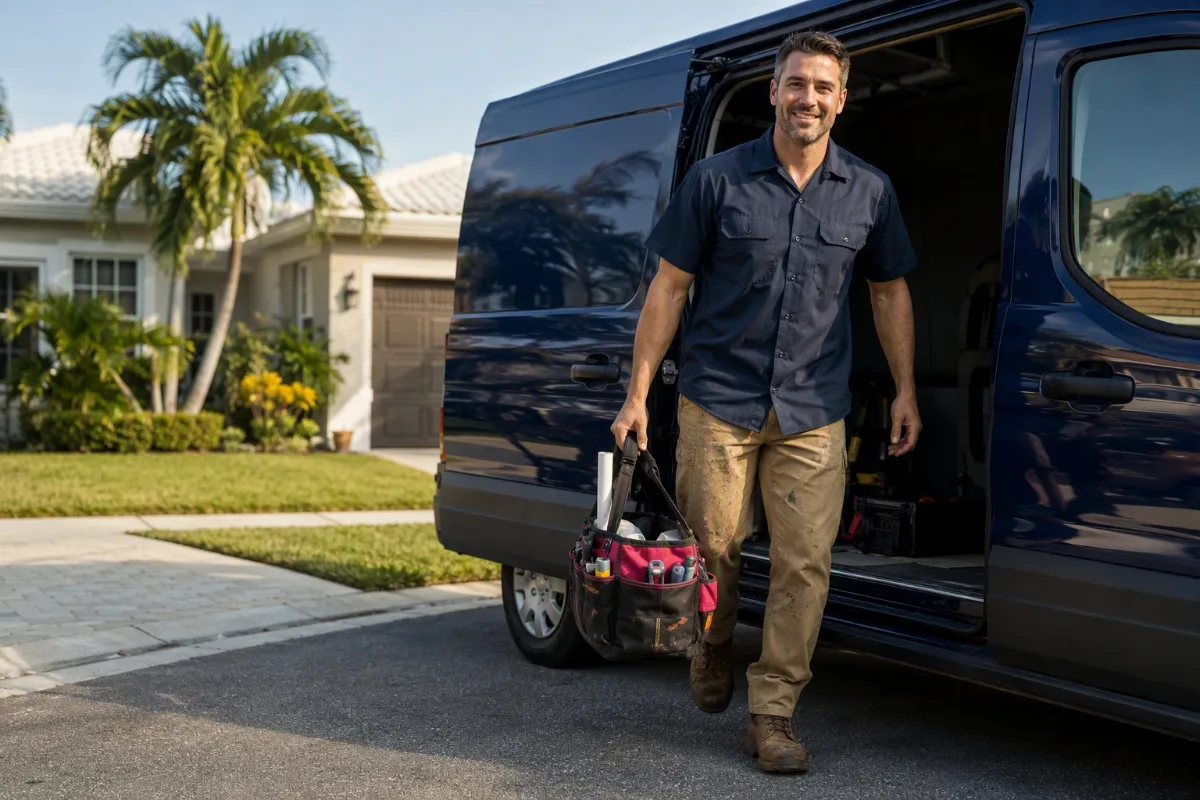 A navy service van arriving outside a well-kept suburban home, a wallpaper installer stepping out with a tool bag