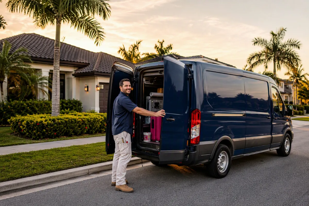 D&L Wall Design service van parked outside a home in Miami