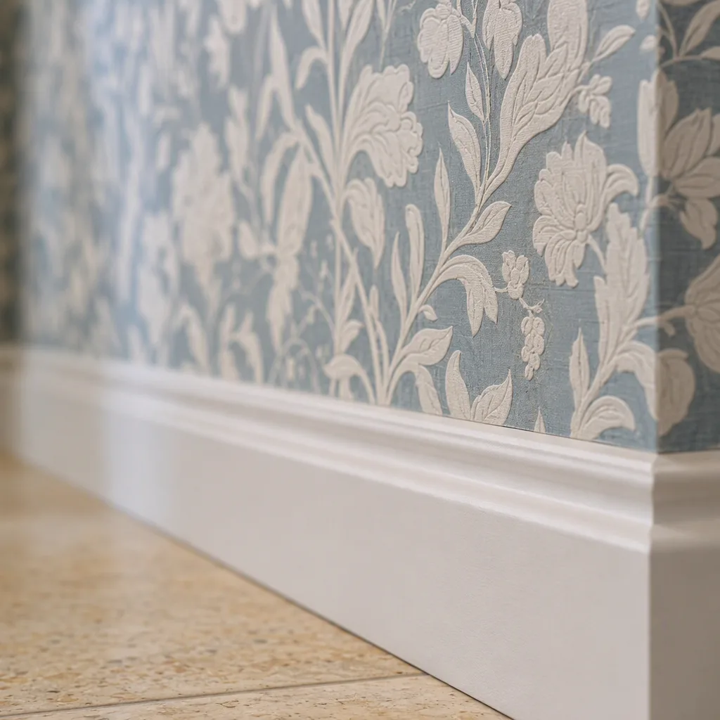 A tight detail of finished wallpaper work that came out well — clean, precise, shallow depth of field